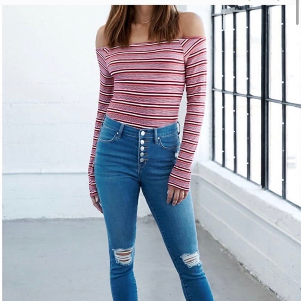 PacSun Me to We Pink Striped Off Shoulder Bodysuit Size Small